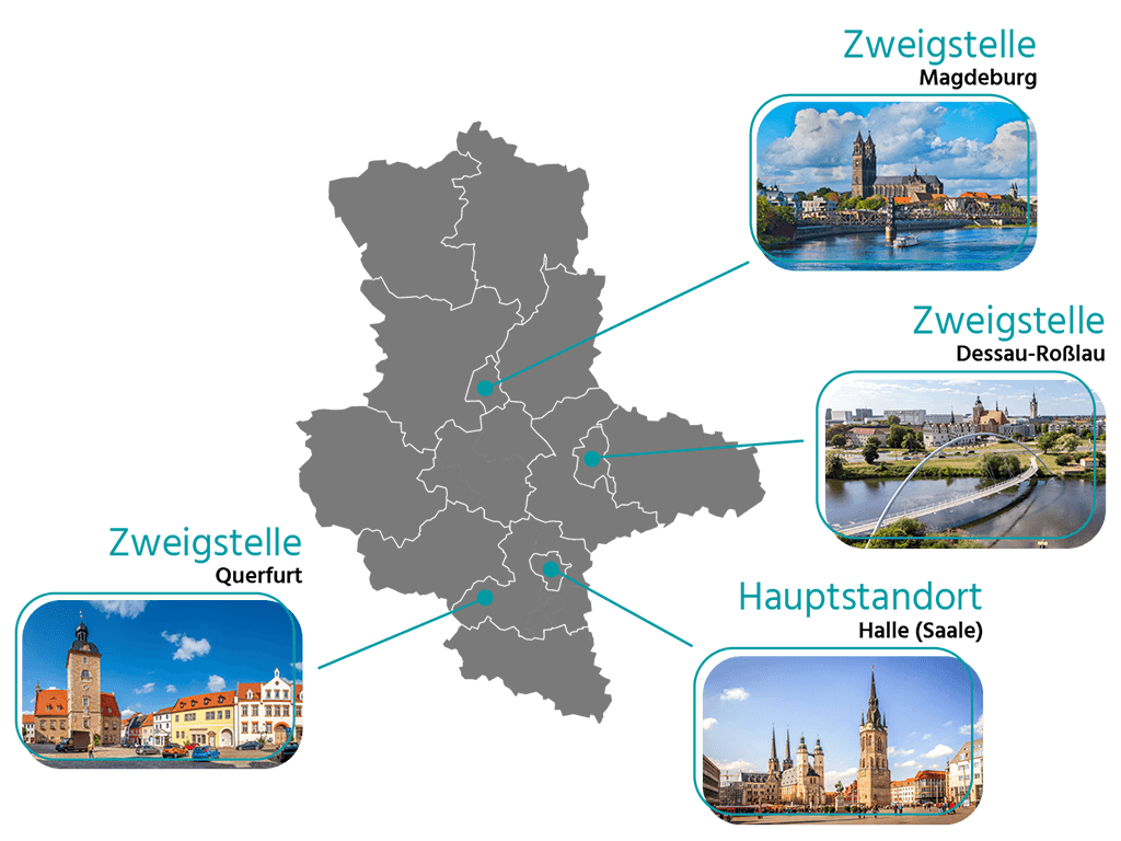 Standorte von Net Con: Hauptstandort Halle (Saale), Zweigstelle Magdeburg, Zweigstelle Querfurt, Zweigstelle Dessau-Roßlau